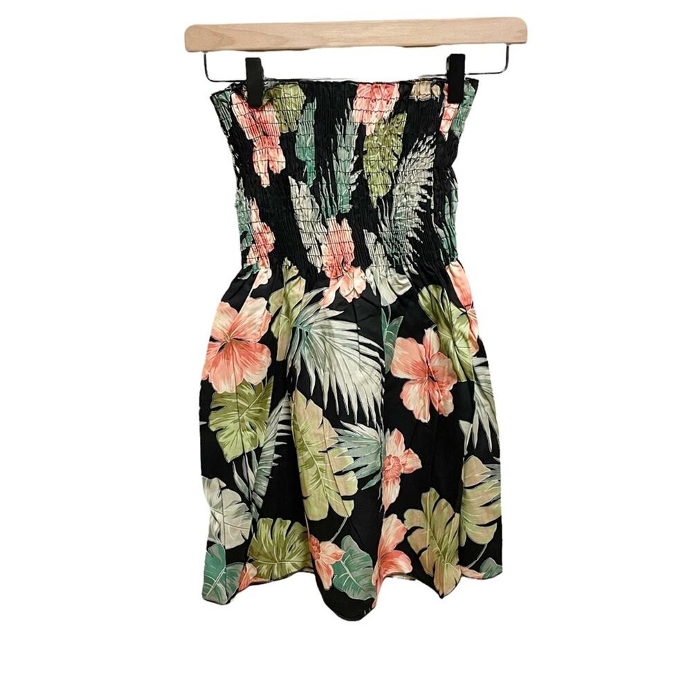 Vintage Black & Pink Floral Hawaiian Aloha Print Smocked Babydoll Top One Size